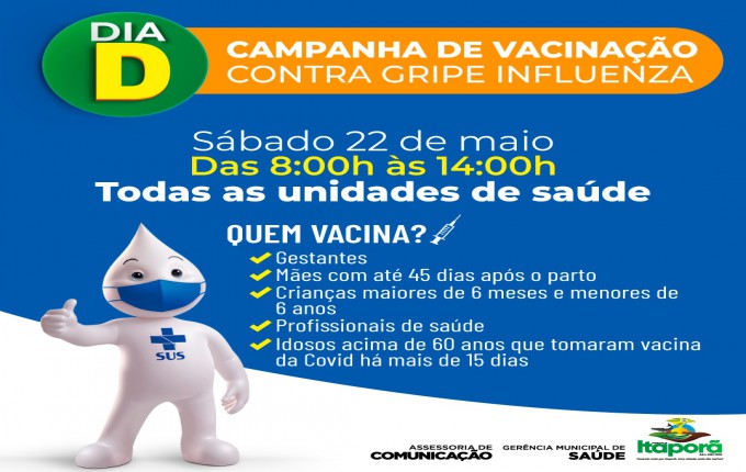 No próximo sábado 22 haverá vacinação contra gripe influenza em Itaporã