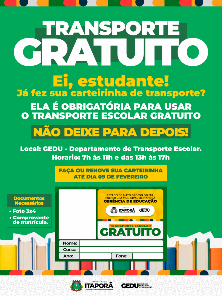 Atenção estudantes: carteirinha do transporte escolar é obrigatória e prazo termina em fevereiro
